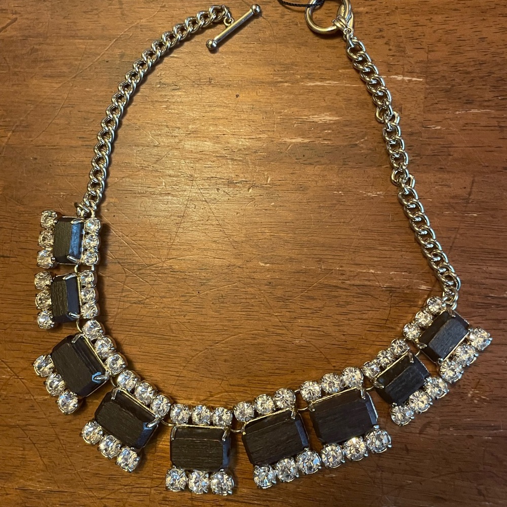 Ann Taylor Silver Chain Necklace with Black and Crystal Accents